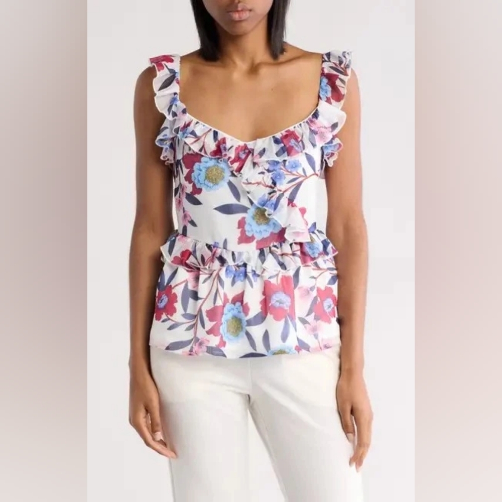 French Connection Aden Bai Lurex Cami Top Cerise Size 6 Red, Blue, White - Picture 7 of 11